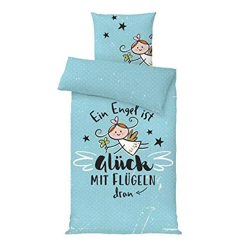 Produktbild: H:PPY Life Bettwäsche Motiv Schutzengel | 135 cm x 200 cm | Kissen 80 cm x 80 cm | Microfaser, Reißverschluss | Bettwäsche Garnitur | 46154