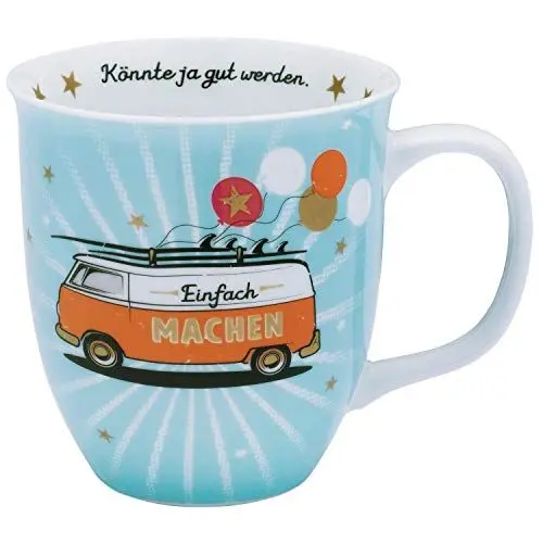 Produktbild: H:)PPY life 46419 Tasse mit Motiv Bus, Geschenk Camping, Porzellan, 40 cl, Blau, Orange