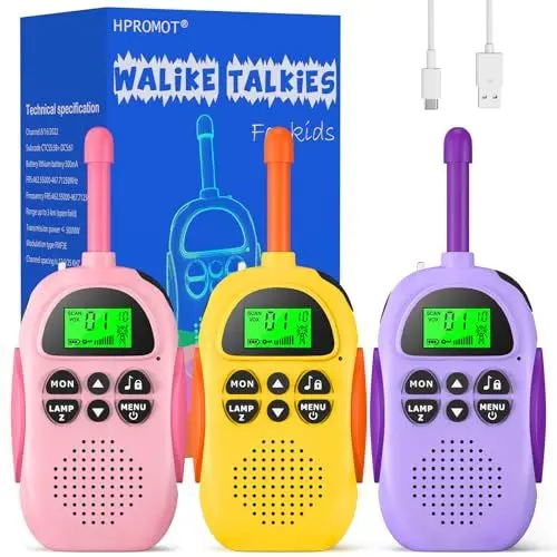 Produktbild: HPROMOT Walkie Talkie Kinder Aufladbar 3 Pack:16 Kanäle 2 Way Radio Long Range Walkie Talkies mit LCD Taschenlampe Spielzeug Geschenke für 3-12 Jungen Mädchen Indoor Outdoor Abenteuer Camping Wandern
