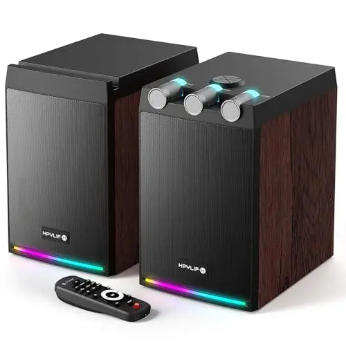 Produktbild: HPYLIF·H Aktive Bluetooth Regallautsprecher, 100 Watt (2x50 W) 2.0 Monitor Lautsprecher mit Holzgehäuse, Bass- und Höheneinstellung, MIC-Link, Hi-Fi Speakers für TV, PC, Smartphone, Holzfarbe