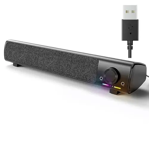 Produktbild: HPYLIF·H PC Lautsprecher, Soundbar Gaming Lautsprecher mit Kopfhörer- und Mikrofonanschluss, USB Betrieb 3,5 mm AUX Anschluss, Computer Boxen für Monitor Laptop Desktop, Plug and Play (Schwarz)