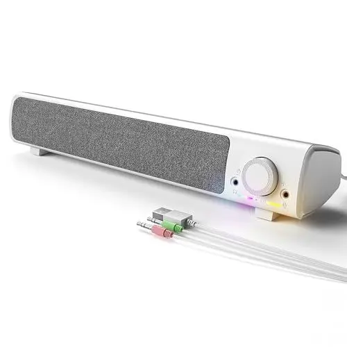 Produktbild: HPYLIF·H PC Lautsprecher, Soundbar Gaming Lautsprecher mit Kopfhörer- und Mikrofonanschluss, USB Betrieb 3,5 mm AUX Anschluss, Computer Boxen für Monitor Laptop Desktop, Plug and Play (Weiß)