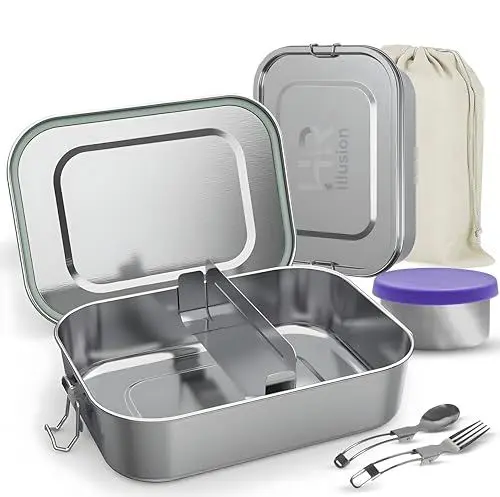 Produktbild: HR ILLUSION Edelstahl-Brotdose/Soßenschüssel/Löffel und Gabel – Wasserdicht, Auslaufsicher Brotdose Kinder Rechteckig Lunchbox BPA-frei für 1400 ml Bento Box Stainless Lunchbox (850ml)