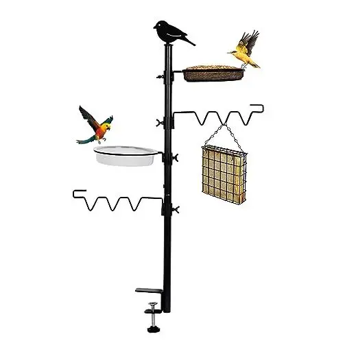 Produktbild: HRAYLTOP Die hängend Vogelfutterspender und Vogeltränke - mit Höhe 92cm 2-in-1 Metall Balkonhalterung，Komplettset inkl Vogeltränke und Futterteller für Mehlwürmer Körner Erdnüsse, Vogelbad (Schwarz)