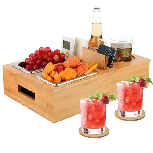 Produktbild: HRKVSK Couchbar Snackbox, Couch Bar Snackbar mit Unterteilbaren Ablagefach, Sofatablett mit 2 Untersetzer für die Couch, Couchbar Sofatablett - Weinregal - Snackschale - Snackhalter - Couch Butler