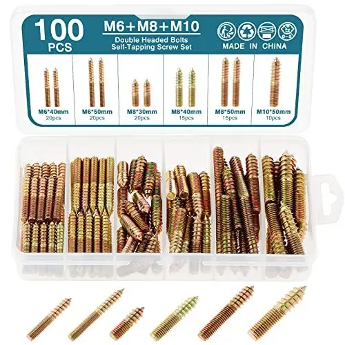 Produktbild: HSEAMALL Hängeschrauben,Doppelendige Kopfschrauben Selbstschneidende Schraube Verzinkte Dübelschrauben für Holzbearbeitung Möbelbefestigung (M6-M8-M10-100PCS)
