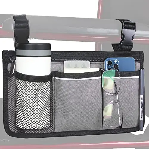 Produktbild: HSGEZUOQI Rollstuhlaufbewahrungstasche Armlehnentasche mit Becherhalter und Reflektorstreifen Wasserdichtes Gewebe, für die meisten Rollstühle, Rollatoren oder Rollatoren (Grau)