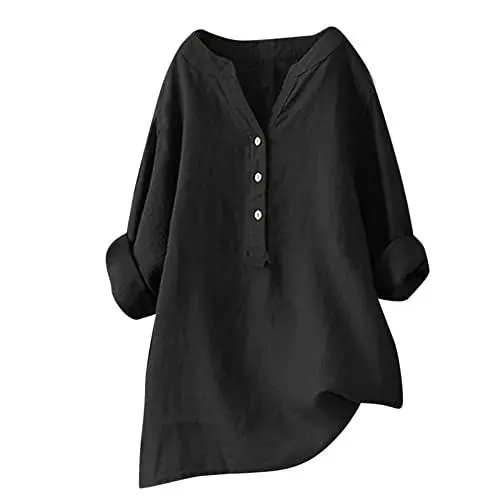 Produktbild: Hsternexy Musselin Bluse Damen, Leinenbluse Damen Sommer Langarm Große Größen Hemdbluse Blusenkleid Leinen Elegant Weiß Longbluse Blusenshirt Bügelfrei Schwarz Mittelalter Tuniken Damenblusen