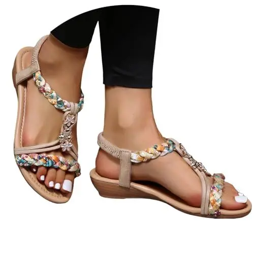 Produktbild: Hsternexy Riemchensandalen Damen Sommer Plateau Keilsandalen Bohemia Sandals Mit Strass Perlen Freizeit Strand Schuhe Orthopädische Sandalen Ankle Geflochtene Sandalette Weiß 39