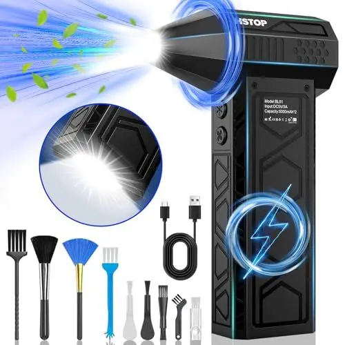 Produktbild: HSTOP Elektrische Staubgebläse mit Taschenlampe,180000 U/min Wiederaufladbar Staubgebläse (10000 mAh), Mehrzweck-Jet-Lüfter, 4-Gang-Hochgeschwindigkeits-Druckluft, Mini-Gebläse mit Zusatzbeleuchtung