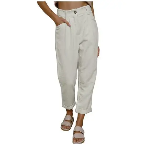 Produktbild: HSUAYEUD Cordhose Braun,Damen Hose mit weitem Bein leicht und elegant elastischer Bund Sommerhose mit Taschen für legere Arbeit geeignet