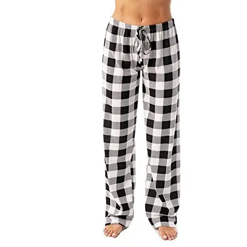 Produktbild: HSUAYEUD Damen Pyjama lang Damen Lang Flanell Baumwolle Karierte Pyjamahose Winter Weich Nachtwäsche Hose Schlafhose Freizeithose Strandhose mit Taschen und Kordelzug M