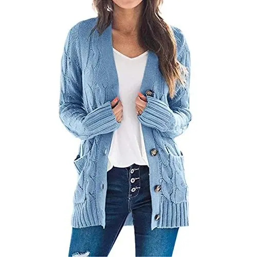 Produktbild: HSUAYEUD Damen Strickjacke Lang,Damen Strickjacke Strick Cardigan Lange Elegant Strickjacken mit Taschen mit Knöpfen Strickwaren Strickmantel für Herbst Winter Frühling