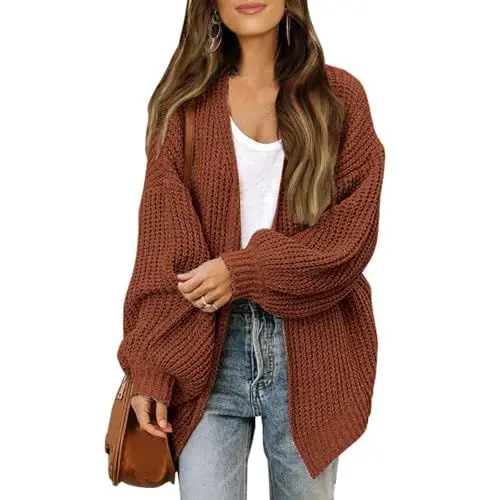 Produktbild: HSUAYEUD Damen Strickjacke lang,Damen Leichte Strickjacke Lang mit Taschen und Knöpfen Long Elegant Cardigan V-Ausschnitt Knopfleiste mit Taschen