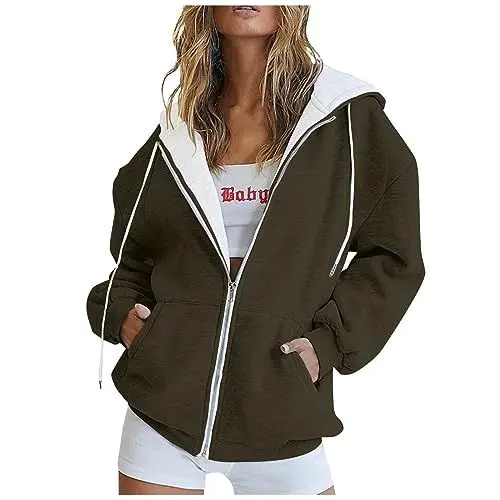 Produktbild: HSUAYEUD Fahrradjacke Damen Damen Sweatjacke Hoodie Sweatshirtjacke Pullover Oberteile Kapuzenpullover Einfarbig Full Zip Casual Hoodie Sweatshirt,Army Green,XL