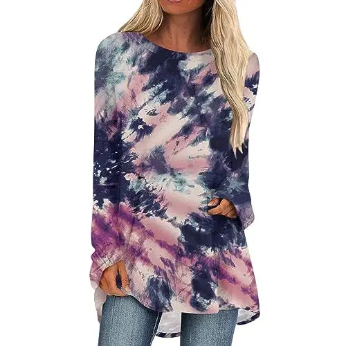 Produktbild: HSUAYEUD Herbstkleidung für Damen 2024 Langärmeliges lässiges Hemd mit Farbverlauf Top lockere Passform Rundhals-Sweatshirt-Bluse
