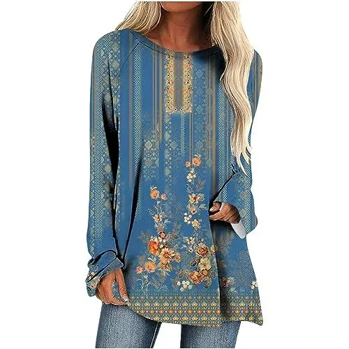 Produktbild: HSUAYEUD Herbstkleidung für Damen 2024 Langärmeliges lässiges Hemd mit Marmordruck Oberteil lockeres Rundhals-Sweatshirt Bluse