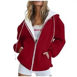 Produktbild: HSUAYEUD Oversize Jacke Damen Damen Sweatshirt-Jacke Polar Fleece Zip Hoodie, Kapuzenpullover für Frauen mit verlängertem Rücken, in vielen Farben erhältlich,Wine,XL