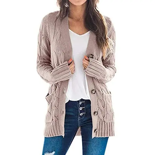 Produktbild: HSUAYEUD Strickjacke Lang Damen,Alte Zeiten Strickjacken für Damen Elegant Gerippt Cardigan Langarm Knopfleiste mit Taschen Strickcardigan