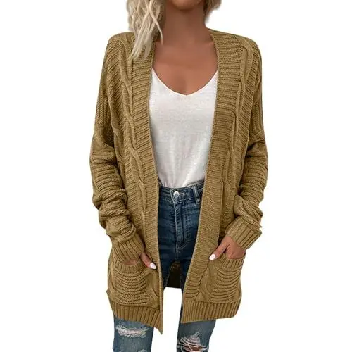 Produktbild: HSUAYEUD Strickjacke kurz Damen,Strickjacke Damen Langarm Drapiert Open Front, Lange Cardigan mit Taschen