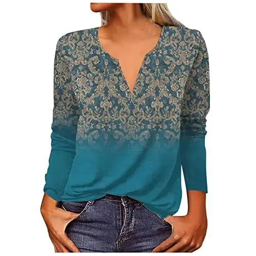 Produktbild: QI_LIANG Pullover Damen Paisley Muster Oberteil Arbeits mit Tiefem Ausschnitt Basic Festlich Long mit Knopfleist Pullover Damen Weite Ärmel Soft Gemütlich Baumwoll Blau