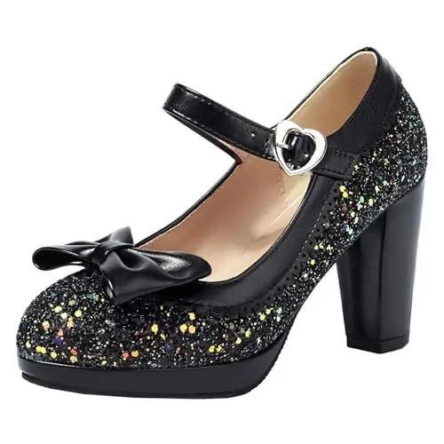 Produktbild: HSyc JRX Damen Blockabsatz High Heels Glitzer Pumps mit Schleife Mary Jane Plateau Schuhe 42.5