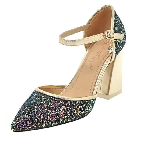 Produktbild: HSyc JRX Damen Blockabsatz High Heels Glitzer Pumps mit Strass Abend Brautschuhe 40