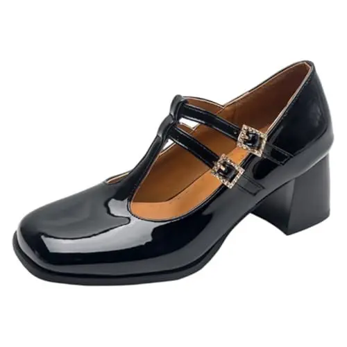 Produktbild: HSyc JRX Damen Blockabsatz High Heels T-Strap Pumps mit Schnalle Lack Schuhe 41.5