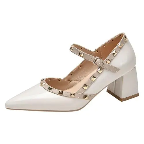 Produktbild: HSyc JRX Damen Lack Pumps mit Nieten Blockabsatz High Heels Mary Jane Schuhe 37