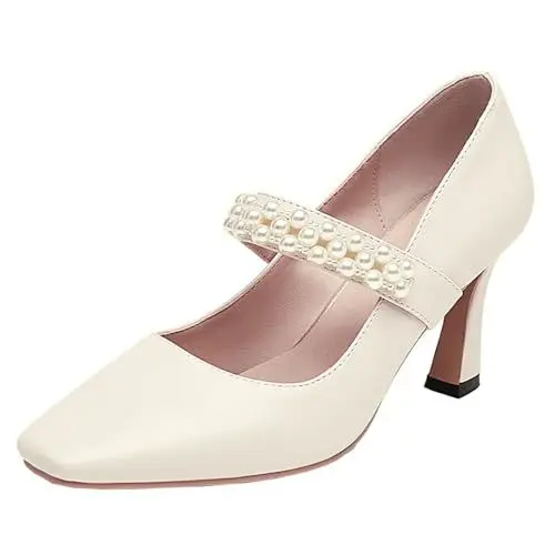 Produktbild: HSyc JRX Damen Stiletto High Heels Mary Jane Pumps mit Perlen Geschlossen Schuhe 38