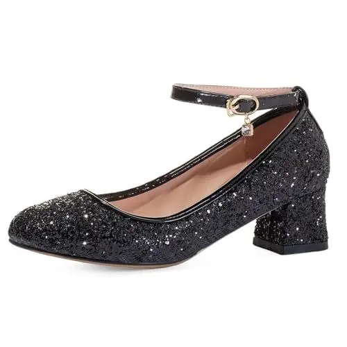 Produktbild: HSyc JRX Mittlerer Absatz Glitzer Pumps mit Riemchen und Blockabsatz Bequem Schuhe 40