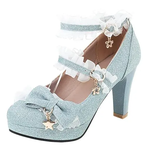 Produktbild: HSyc JRX Riemchen Pumps mit Schlaife und Spitze Plateau Blockabsatz Lolita Schuhe 36.5