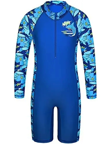 Produktbild: HUAANIUE Junge Kinder 1-Teiliger Badeanzug Anti-UV UPF 50+ Kinder Jungen Einteiliger Badeanzug mit Reißverschluss Langen Ärmeln 2-14 Jahre (S403-Marine Blau Fisch, 4-5 Jahre)