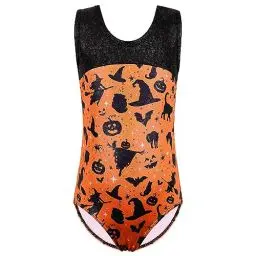 Produktbild: HUAANIUE Mädchen Kinder Gymnastikanzug Halloween Turnanzug Ärmelloses + Langärmelig Tanzkostüm 3-14 Jahre (B308-Orange Schwarz, 5-6 Jahre)