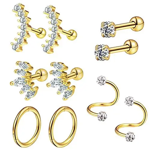 Produktbild: Huacan 14G Tragus Helix Piercing 10 Stk, Tragus Knorpel Piercing 5 Paare Gold Silber Ohrringe Ohrstecker Edelstahl Cubic Zirkonia Ohrpiercing Set für Frauen Damen Bei Jedem Anlass