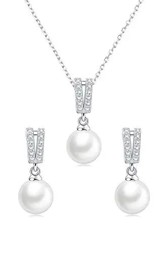 Produktbild: Huacan Schmuck Set Damen 925 Sterling Silber Ohrringe mit Perlen Anhänger Halskette Süßwasser-Zuchtperle Pendant Schmuckset CZ Geschenke Für Braut Brautjungfer Hochzeit