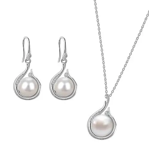 Produktbild: Huacan Schmuck Set Damen 925 Sterling Silber Ohrringe mit Perlen Anhänger Spiral Ohrgehänge Halskette Schmuckset Süßwasser Perle Pendant Funkeln Zirkon Geschenke Für Braut Brautjungfer