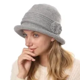 Produktbild: Huakunda Damen Strickmützen Gefüttert Winterhut Warm Vintage Floral Knit Beaniemütze Elegant Frauen Bucket Hüte für 55-60 cm (Hellgrau)