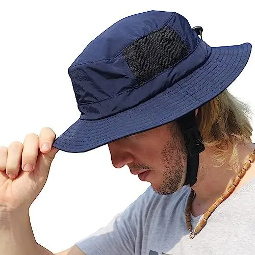 Produktbild: Huakunda Sonnenhut Herren UPF 50+UV Schutz Anglerhut mit Kinnband Faltbar Safarihut Breite Krempe Buschhut für Draussen Reisen (Dunkelblau)