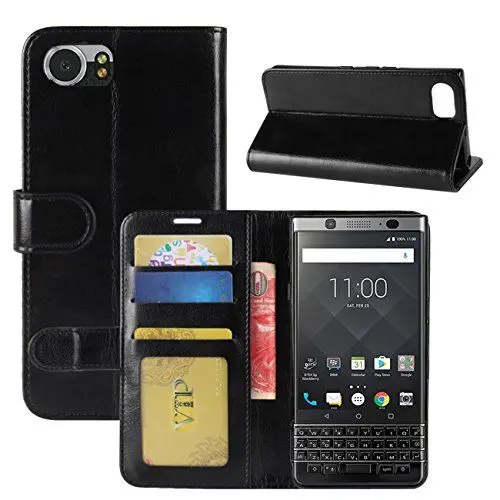 Produktbild: HualuBro BlackBerry KEYone Hülle, Retro Leder Brieftasche Etui LederHülle Tasche Schutzhülle HandyHülle Handytasche Leather Wallet Flip Case Cover für BlackBerry KEYone - Schwarz