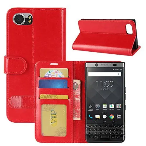 Produktbild: HualuBro BlackBerry KEYone Hülle, Retro Leder Brieftasche Etui LederHülle Tasche Schutzhülle HandyHülle Handytasche Leather Wallet Flip Case Cover für BlackBerry KEYone - Rot