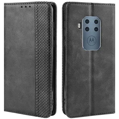 Produktbild: HualuBro Handyhülle für Motorola One Zoom Hülle, Retro Leder Stoßfest Klapphülle Schutzhülle Handytasche LederHülle Flip Case Cover für Motorola Moto One Zoom Tasche, Schwarz