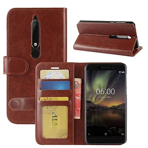 Produktbild: HualuBro Nokia 6.1 Hülle, Retro Leder Brieftasche Etui LederHülle Tasche Schutzhülle HandyHülle (Standfunktion) Leather Wallet Flip Case Cover für Nokia 6.1 / Nokia 6 2018 - Braun