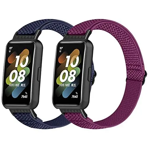 Produktbild: Huamanlou 2 Stück Elastisch Armband Kompatibel mit Huawei Band 7/Huawei Band 7 NFC, Nylon Verstellbarer Ersatzarmband Armbänder Sport Uhrenarmband Damen Herren
