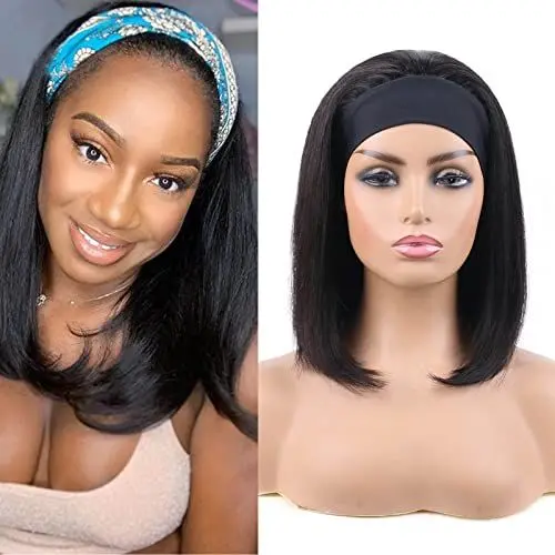 Produktbild: huarisi 9a Headband Wigs Bob Human Hair 12 Inch Straight Bob Brazilian Wig Short Remy Hair Wigs Blunt Cut without Bangs None Lace Wigs for Black Women 150 Density