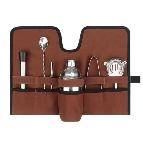 Produktbild: HUASON Reise Barkeeper Set Tasche, Mixology Barkeeper Set, Cocktail Set Tasche, Professioneller Barkeeper Rollgurt, Cocktail Shaker Tragetasche für Camping Im Freien