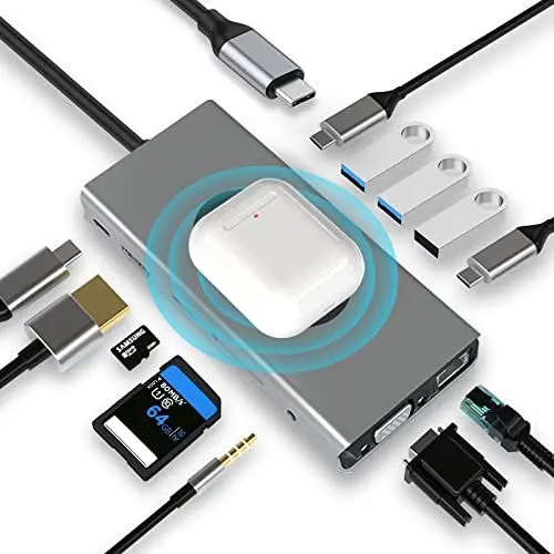 Produktbild: HUB Dongle mit kabellosem Laden, 13 in 1 Docking Station Adapter mit 4K-HDMI, VGA, 2×USB3.0, USB C 3.0&2.0, RJ45 Ethernet, PD 100W, SD/TF & 3.5mm AUX, Kompatibel mit MacBook Pro & Andere Laptops