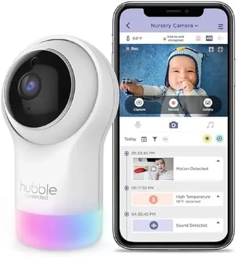 Produktbild: Hubble Connected Nursery Pal Glow, Babyphone mit Kamera, 7-Farben-Nachtlicht, Raumtemperatursensor, Schwenk-Neige-Zoom, 2-Wege-Kommunikation, Nachtsicht, WLAN, App