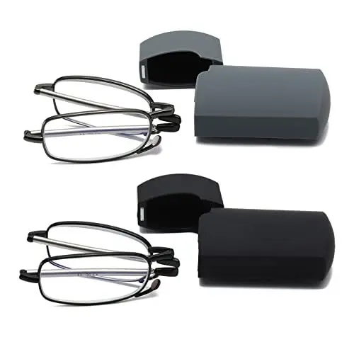 Produktbild: Hubeye 2 Paar Faltbare Lesebrille Mini Tragbare Lesehilfe aus Edelstahl mit Hartschalen-Etui Anti-Blau Sehhilfe für Herren und Damen 2.00