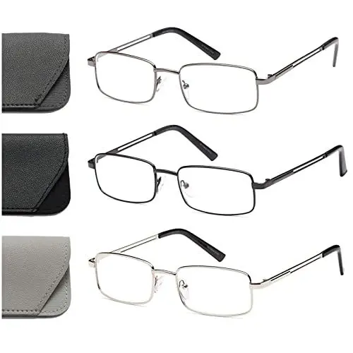 Produktbild: Hubeye 3er-Pack Lesebrille Herren Rechteck Rahmen Metall Edelstahl Material Federscharniere Blaulicht Blockierende Computer Lesebrille +1.50